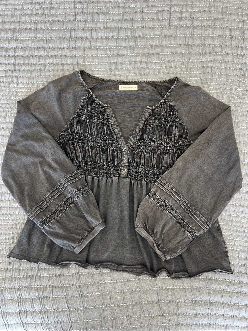 Lucky Brand Charcoal Gray Smocked Boho V-Neck Blouse